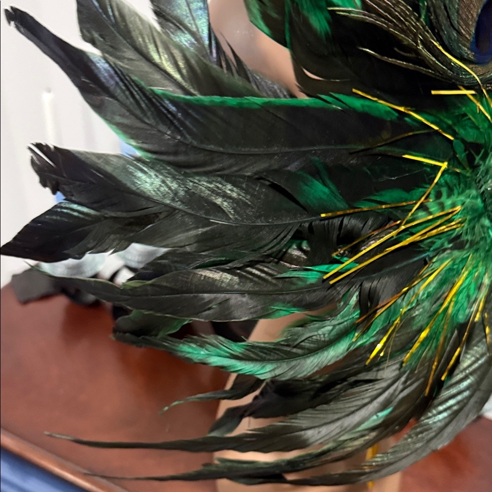 Green Peacock Feather Masquerade Mask with Gold Accents - Picture 4 of 4